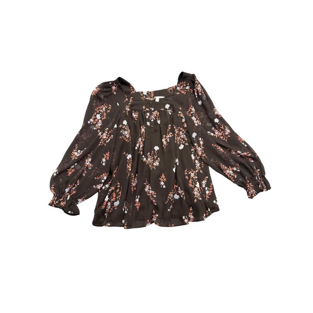 LC Lauren Conrad Floral Blouse Womens Large Black Square Neck Balloon Sleeve Top - Picture 2 of 8